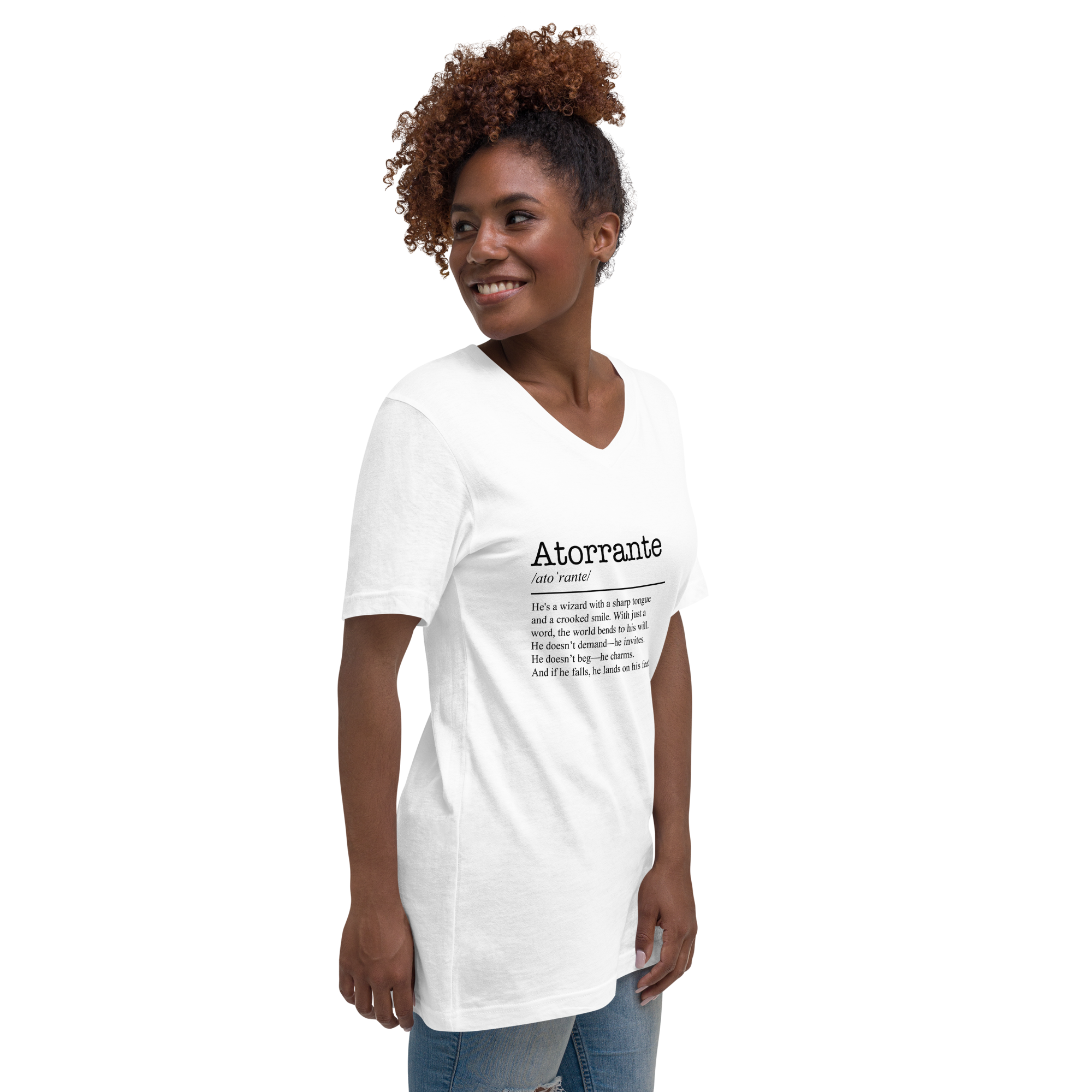 Unisex white v-neck t-shirt right front view