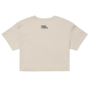Beige crop top with a brand logo on the back against a white background