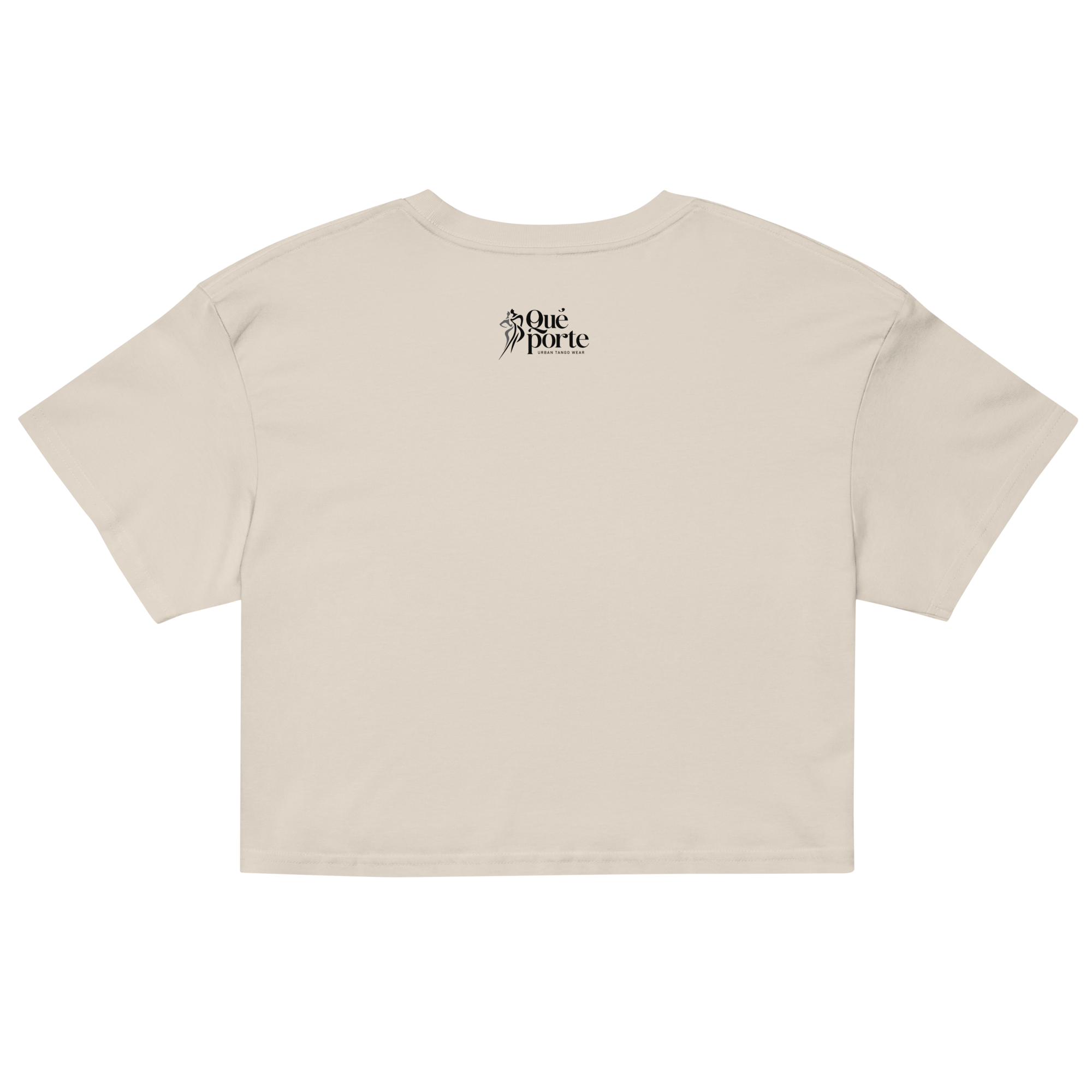 Beige crop top with a brand logo on the back against a white background
