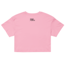 Pink crop top with a brand logo on the back against a white background