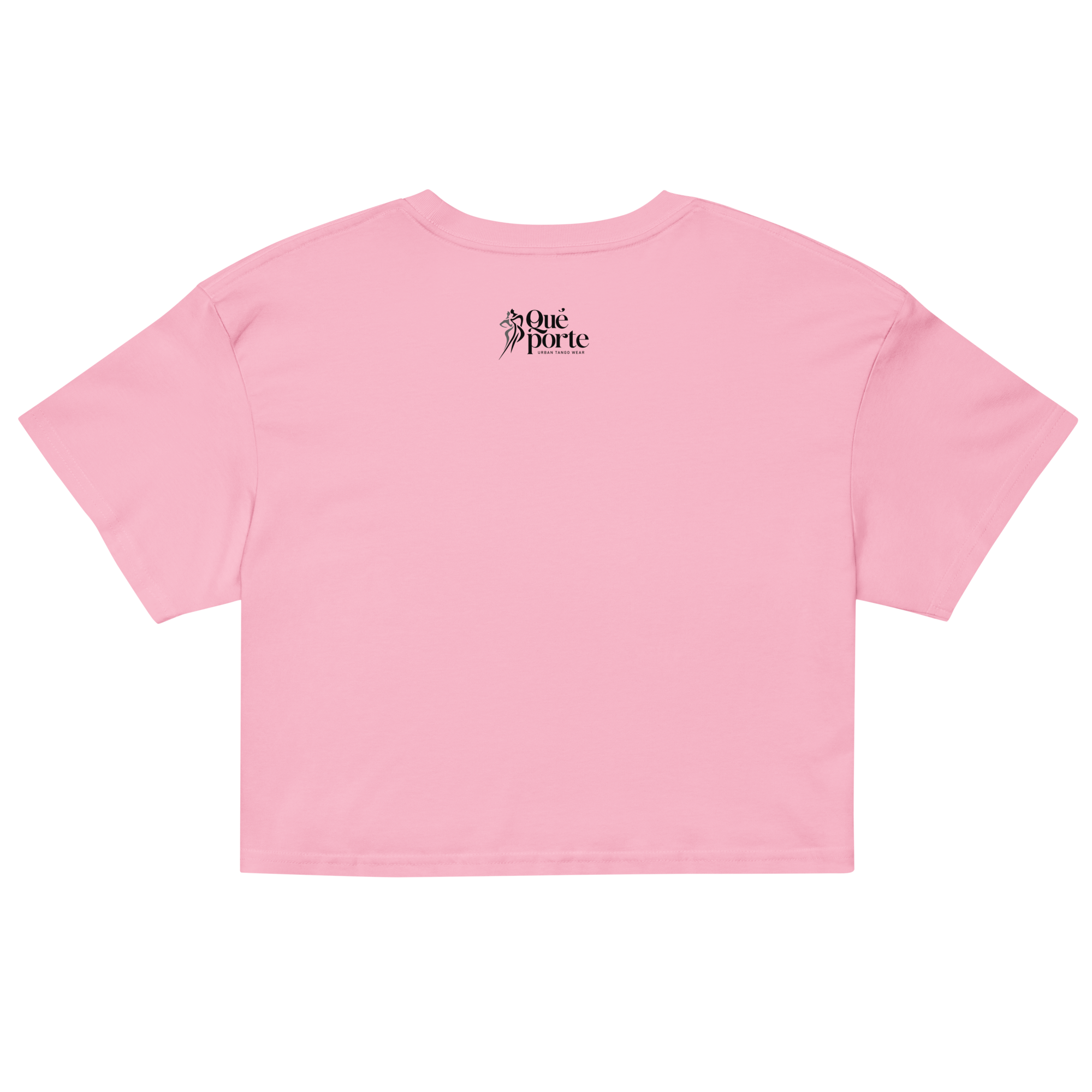 Pink crop top with a brand logo on the back against a white background