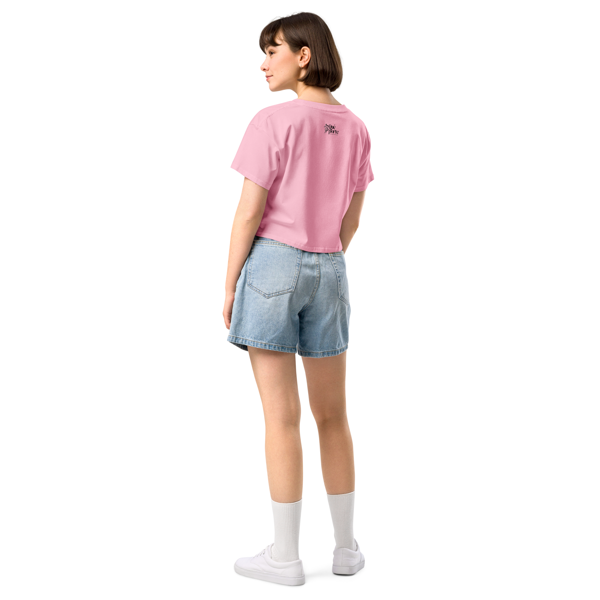 Women's bubblegum pink crop top back view