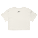 White crop top with a small logo on the chest against a white background