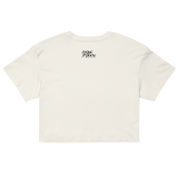 White crop top with a small logo on the chest against a white background