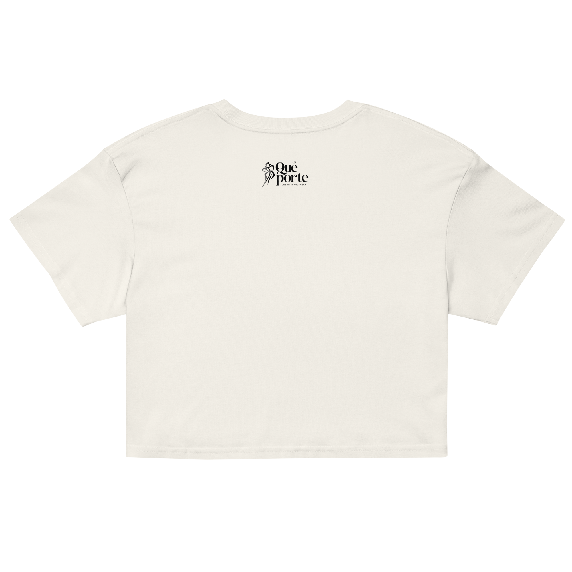White crop top with a small logo on the chest against a white background