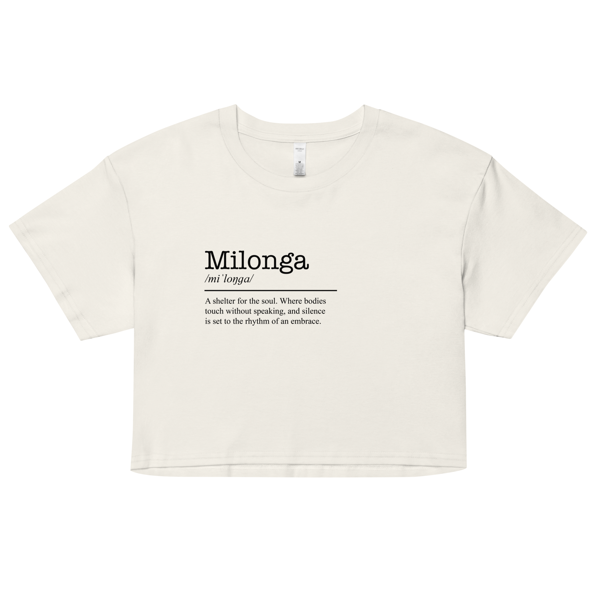 White crop top with black text on a white background