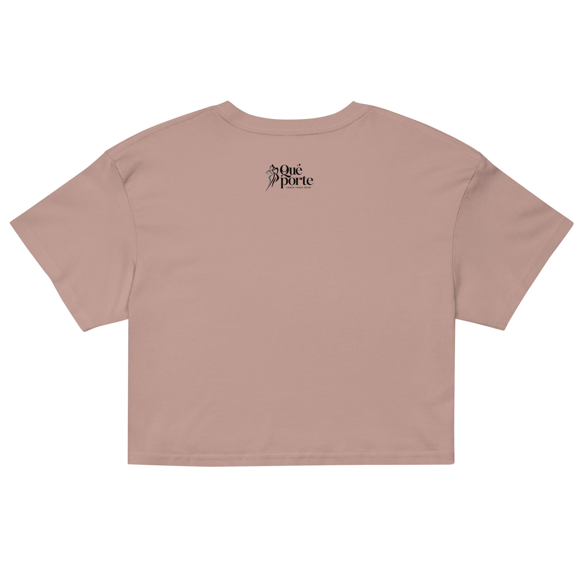 Pink crop top with a brand logo on the back against a white background