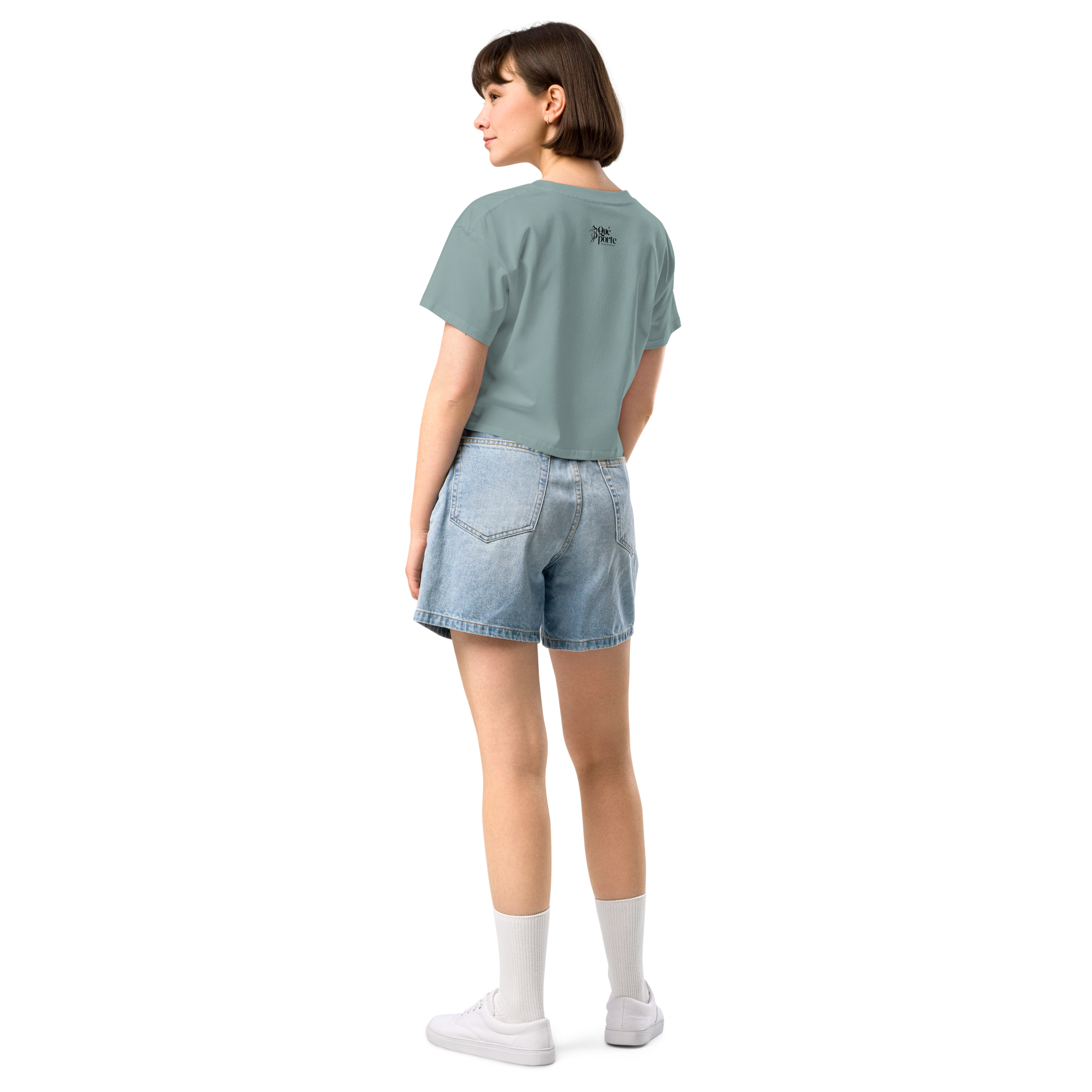 Women's mineral blue crop top back view