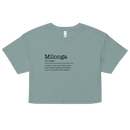 Light blue crop top with black text on a white background