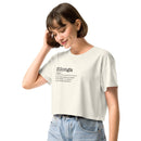 Woman wearing a white t-shirt with text, standing against a white background