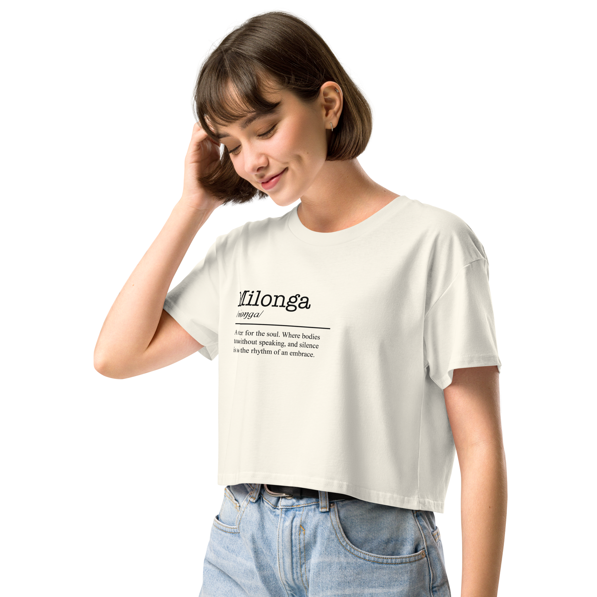 Women's natural beige crop top left front view