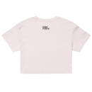 Pink crop top with a brand logo on the back against a white background