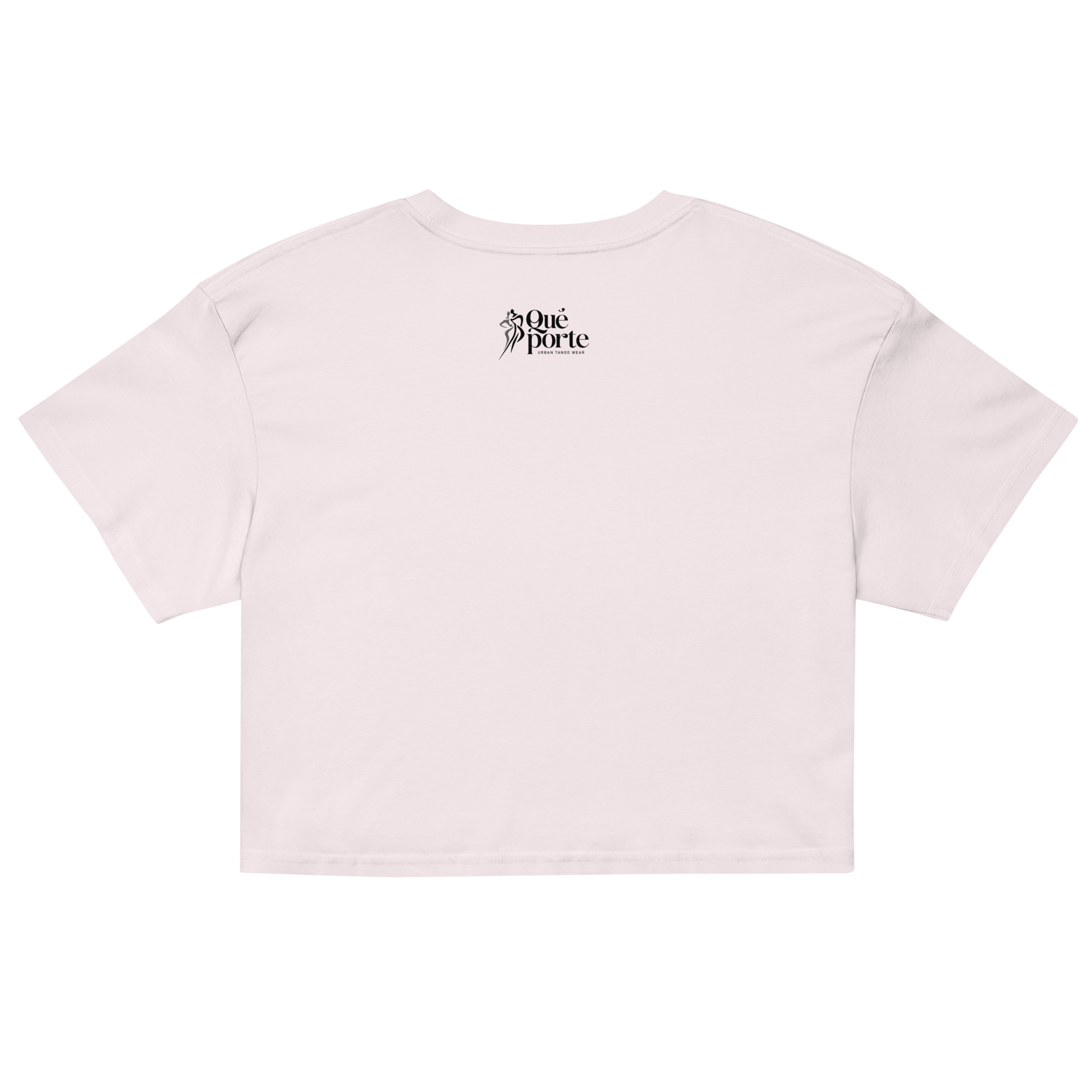 Pink crop top with a brand logo on the back against a white background