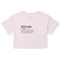 Pink crop top with 'Milonga' text on a white background