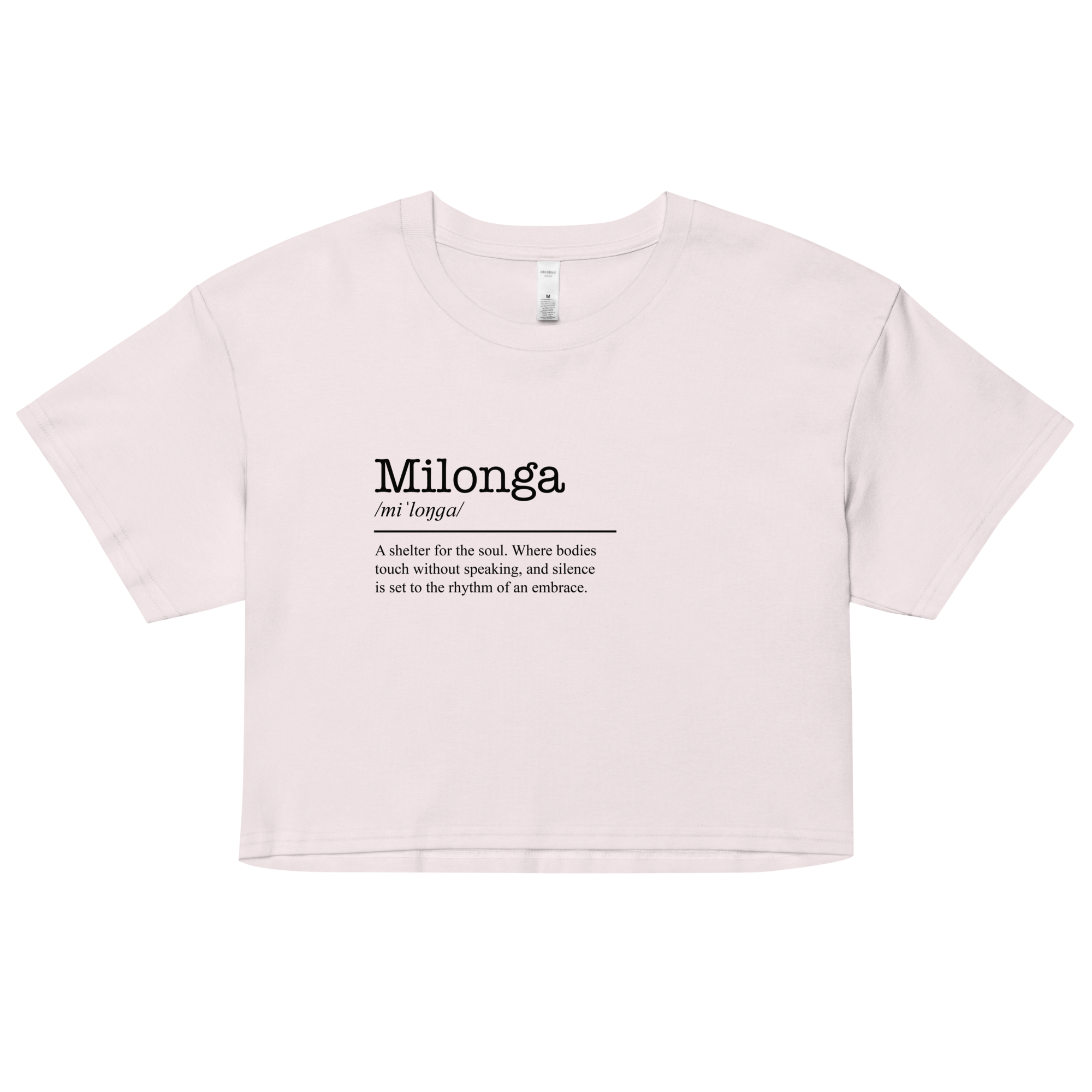 Pink crop top with 'Milonga' text on a white background