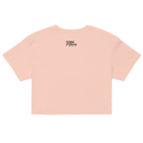Pink crop top with a brand logo on the back against a white background