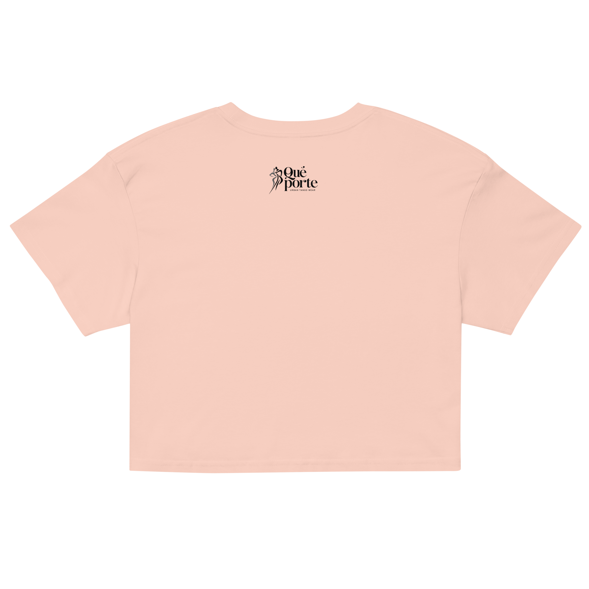 Pink crop top with a brand logo on the back against a white background