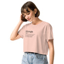 Woman wearing a pink t-shirt with text on a white background