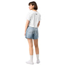 Person wearing a white t-shirt and denim shorts on a white background