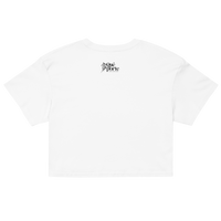 White t-shirt with a black logo on a white background