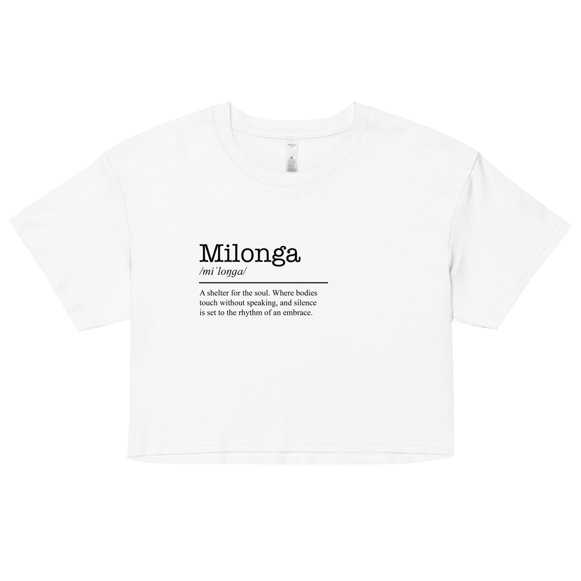 White t-shirt with black text on a white background