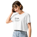 Woman wearing a white t-shirt with text on a white background