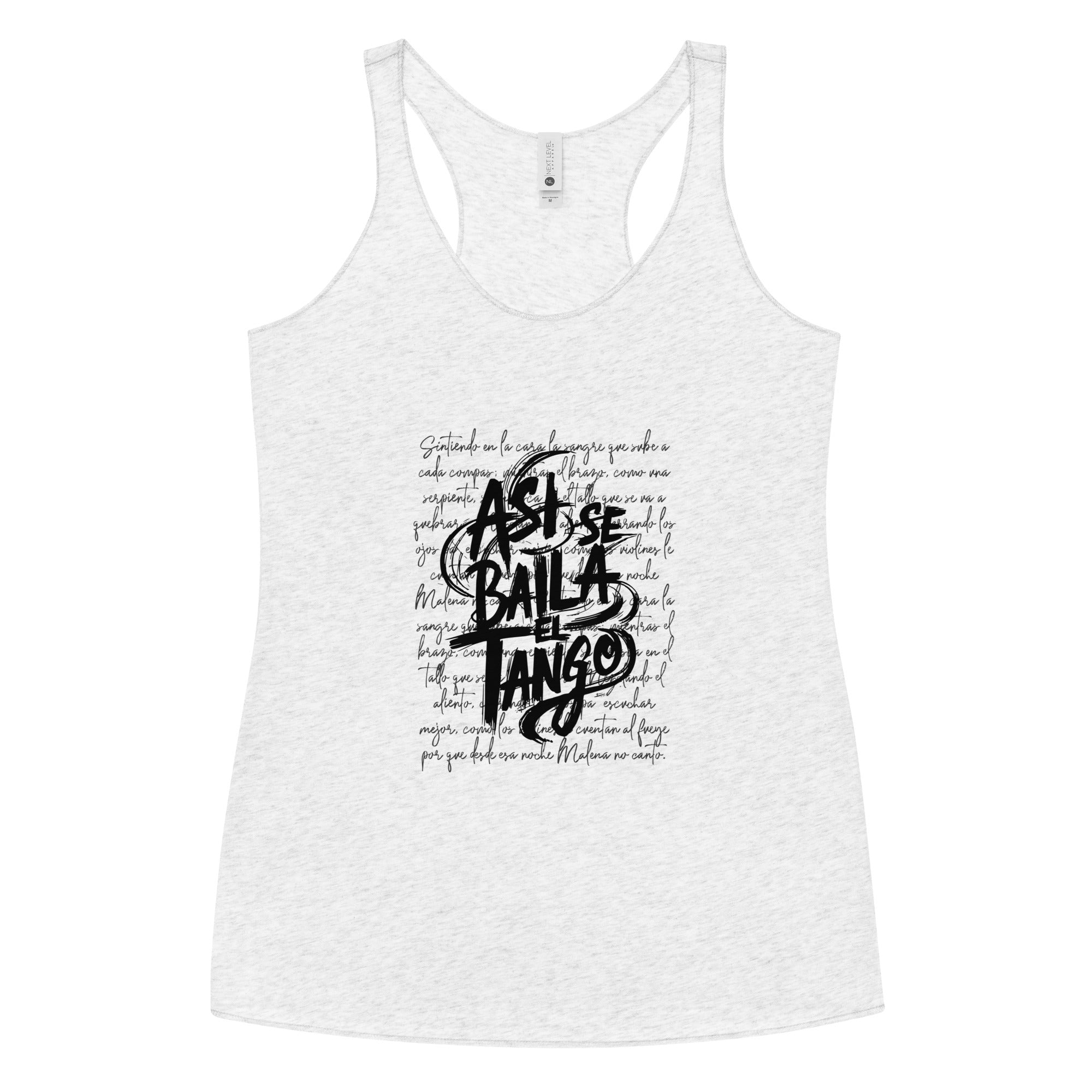 White tank top with black text design on a white background