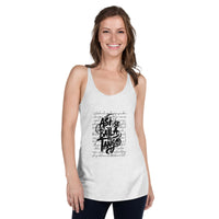 Woman wearing a white tank top with text design on a white background