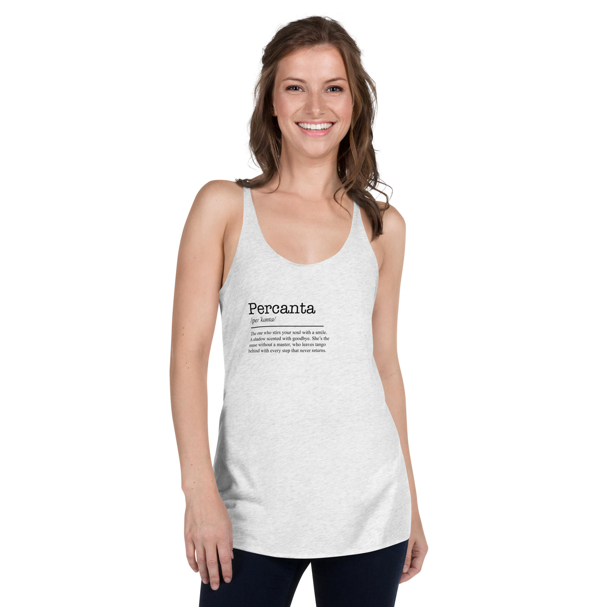 Women's white racerback tank top front view