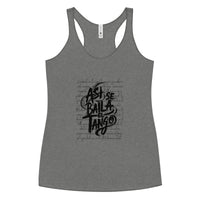 Gray tank top with black text design on a white background