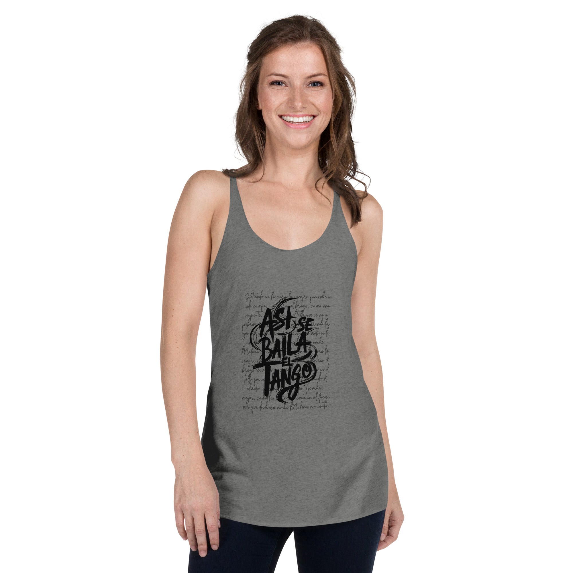 Woman wearing a gray tank top with black text on a white background