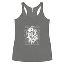 Gray tank top with white text design on a white background