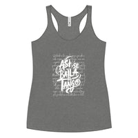 Gray tank top with white text design on a white background