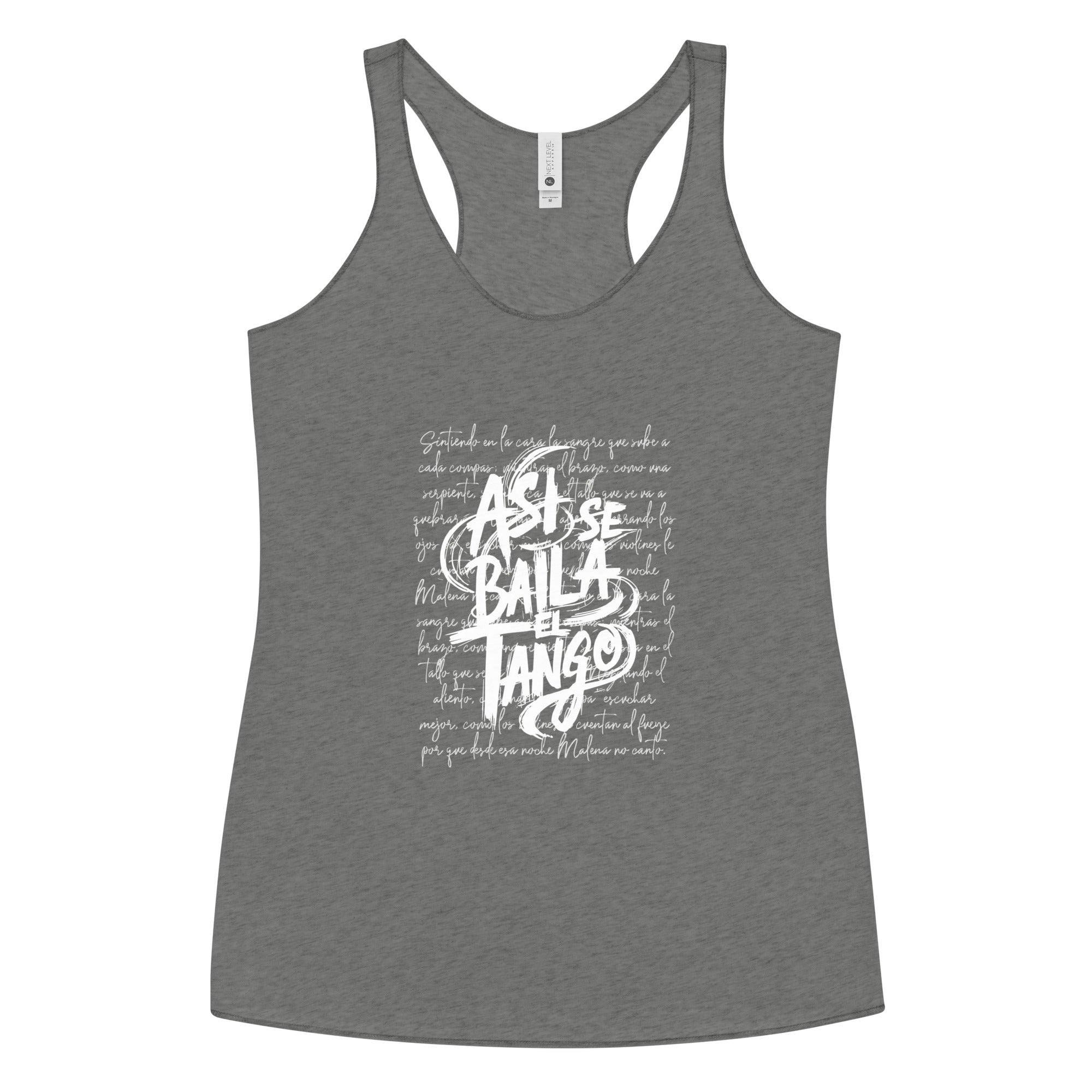 Gray tank top with white text design on a white background