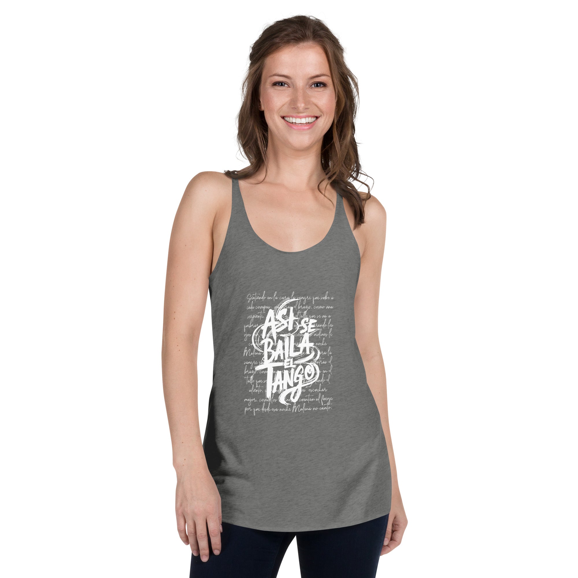 Woman wearing a gray tank top with white text on a white background