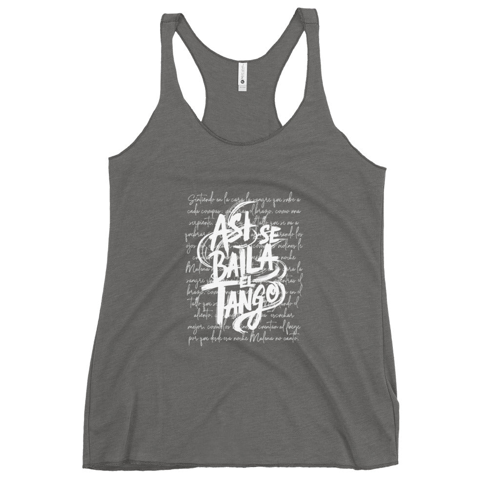 Gray tank top with white text design on a white background