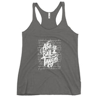 Gray tank top with white text design on a white background