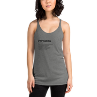 Woman wearing a gray tank top with 'Percanta' branding on a white background