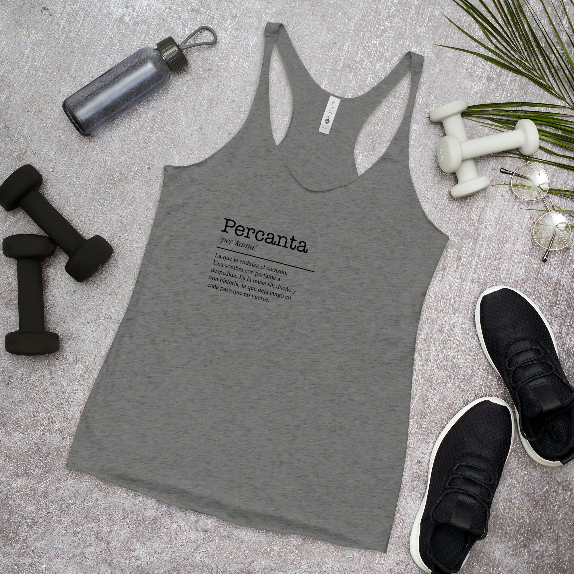 Women's heather gray racerback tank top front view