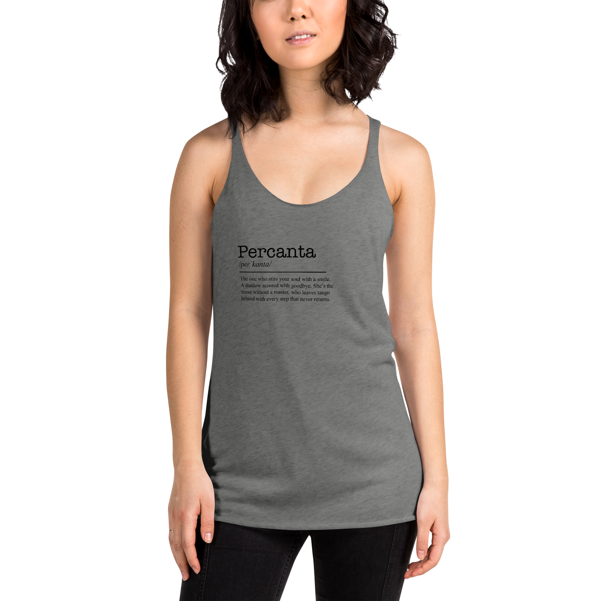 Women's heather gray racerback tank top front view