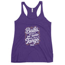 Purple tank top with Spanish text design on a white background