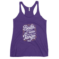 Purple tank top with Spanish text design on a white background