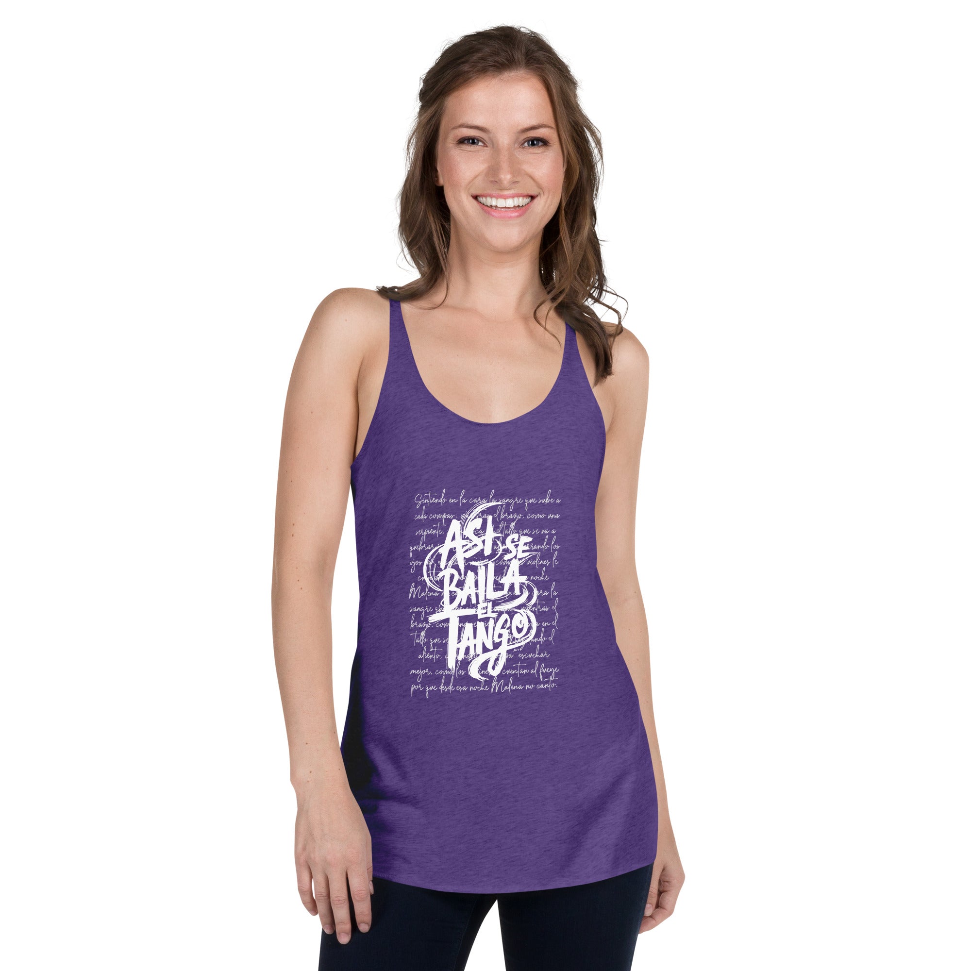 Woman wearing a purple tank top with white text on a white background
