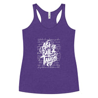 Purple tank top with white text design on a white background