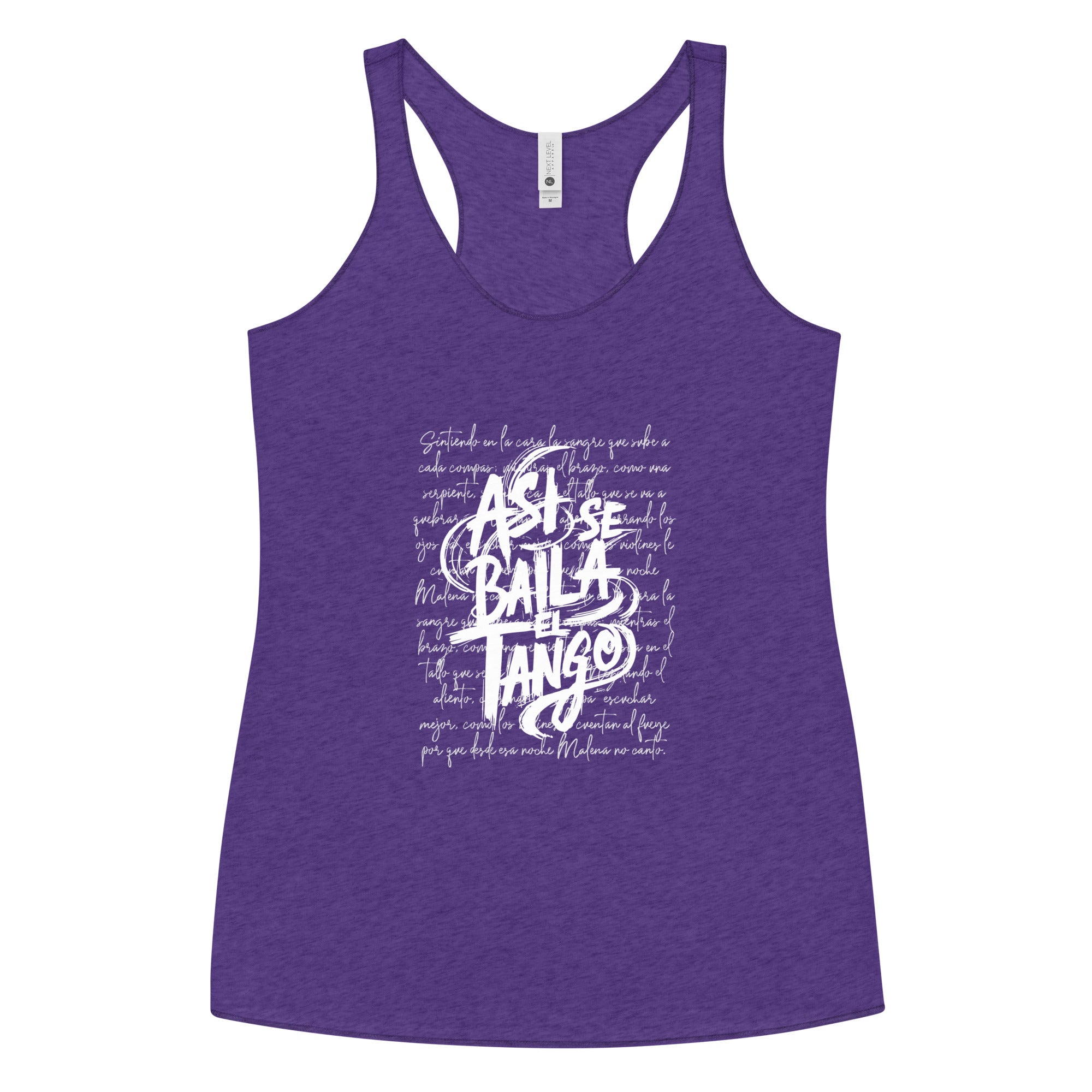 Purple tank top with white text design on a white background