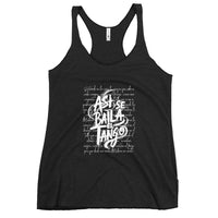 Black tank top with white text design on a white background
