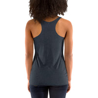 Person wearing a dark gray tank top on a white background