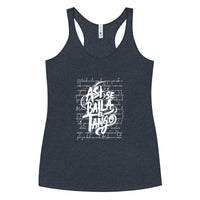 Navy tank top with white text design on a white background