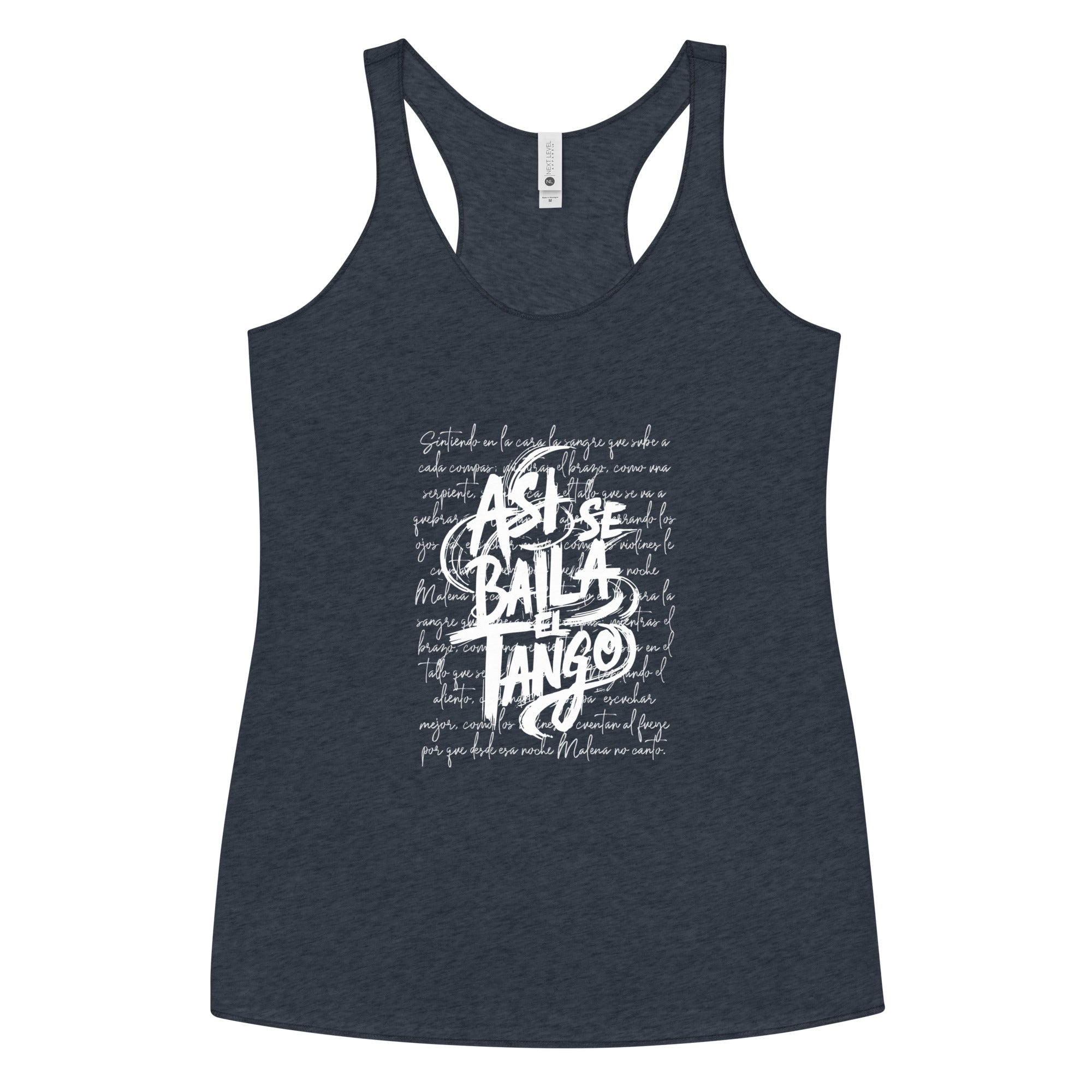 Navy tank top with white text design on a white background