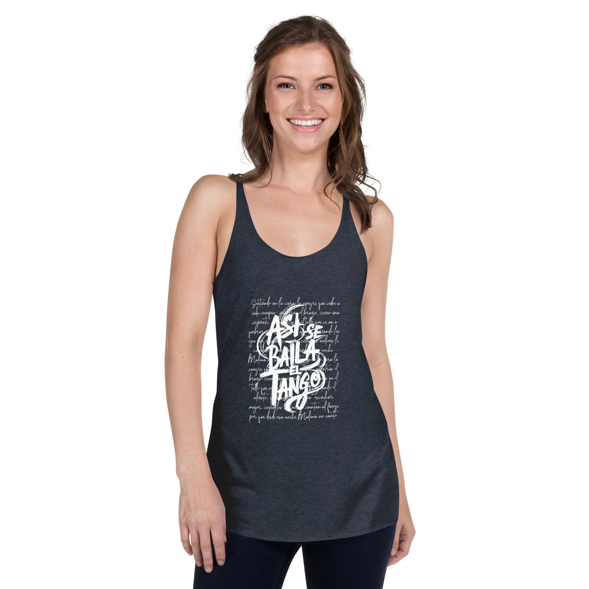 Woman wearing a navy tank top with white text on a white background